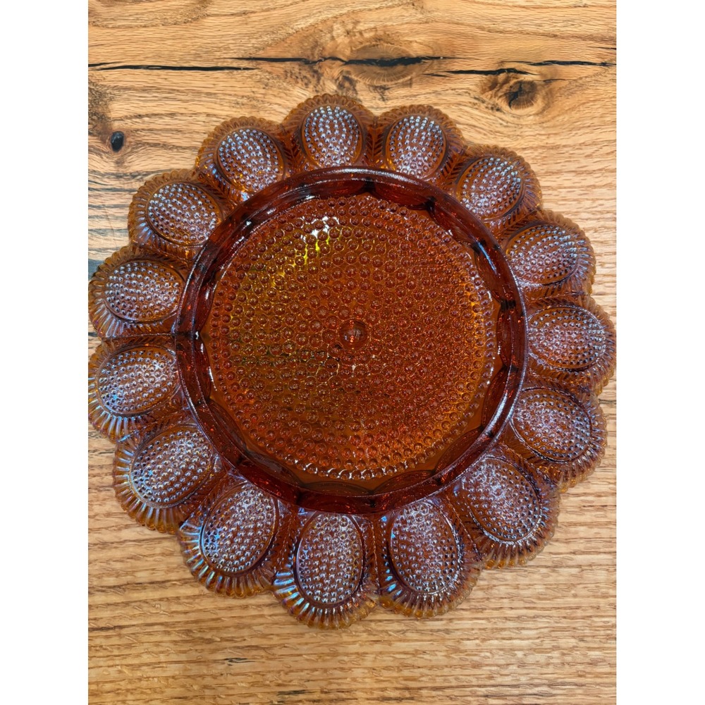 Vintage Indiana Glass amber iridescent carnival glass Hobnail egg plate 11" - Picture 10 of 10